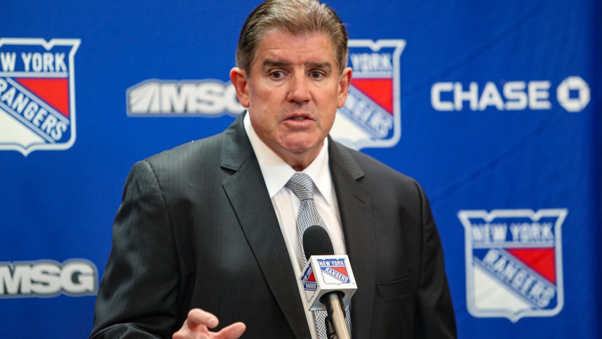 Sep 24, 2024; New York, New York, USA; New York Rangers head coach Peter Laviolette speaks to reporters after a 6-4 win against the New York Islanders in the preseason home opener at Madison Square Garden. Mandatory Credit: Danny Wild-Imagn Images