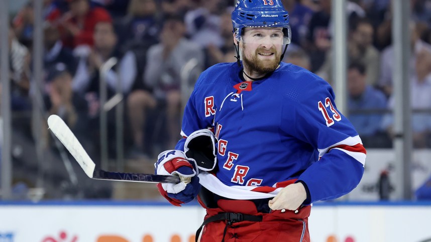 May 22, 2024; New York, New York, USA; New York Rangers left wing Alexis Lafreniere (13) skates against the Florida Panthers during the first period of game one of the Eastern Conference Final of the 2024 Stanley Cup Playoffs at Madison Square Garden. Mandatory Credit: Brad Penner-Imagn Images