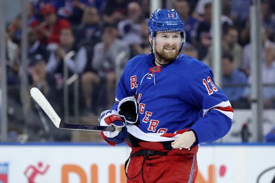 May 22, 2024; New York, New York, USA; New York Rangers left wing Alexis Lafreniere (13) skates against the Florida Panthers during the first period of game one of the Eastern Conference Final of the 2024 Stanley Cup Playoffs at Madison Square Garden. Mandatory Credit: Brad Penner-Imagn Images