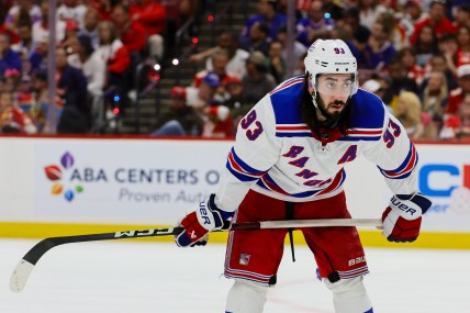 May 26, 2024; Sunrise, Florida, USA; New York Rangers center Mika Zibanejad (93) looks on against the Florida Panthers during the second period in game three of the Eastern Conference Final of the 2024 Stanley Cup Playoffs at Amerant Bank Arena. Mandatory Credit: Sam Navarro-Imagn Images