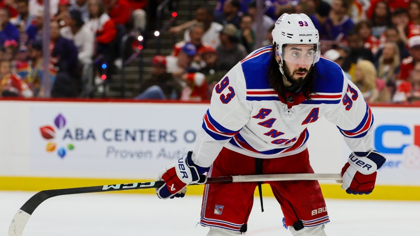 May 26, 2024; Sunrise, Florida, USA; New York Rangers center Mika Zibanejad (93) looks on against the Florida Panthers during the second period in game three of the Eastern Conference Final of the 2024 Stanley Cup Playoffs at Amerant Bank Arena. Mandatory Credit: Sam Navarro-Imagn Images