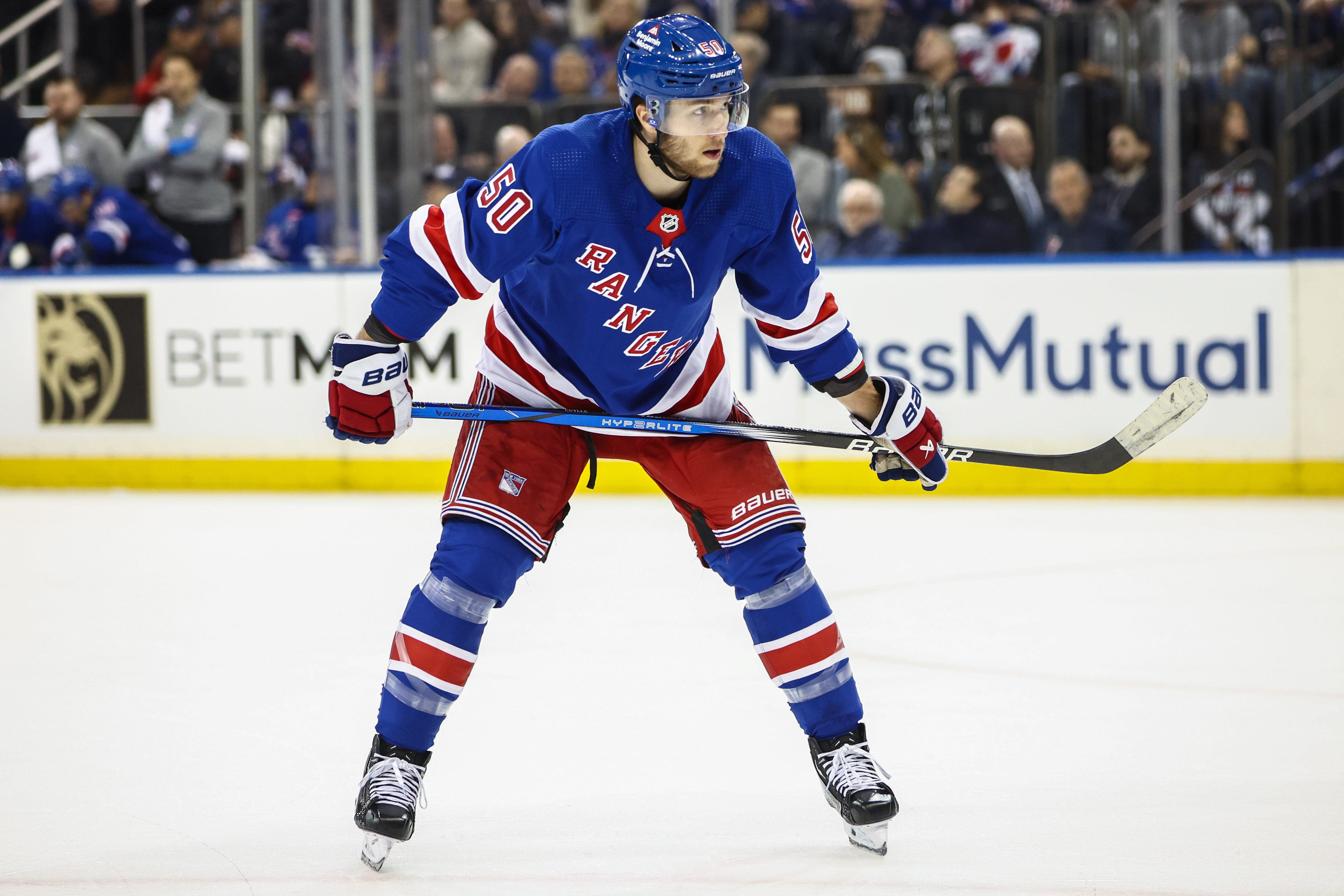 Apr 21, 2024; New York, New York, USA; New York Rangers left wing Will Cuylle (50) in game one of the first round of the 2024 Stanley Cup Playoffs at Madison Square Garden. Mandatory Credit: Wendell Cruz-Imagn Images