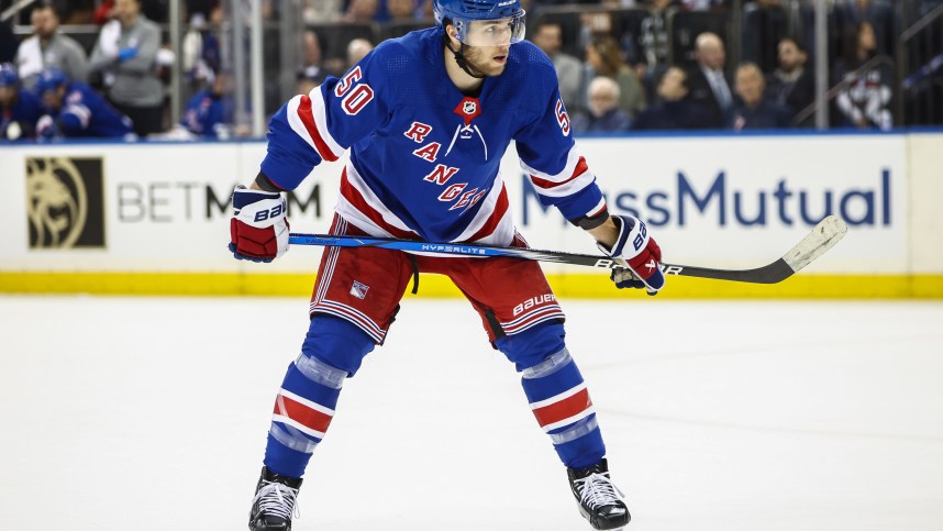 Apr 21, 2024; New York, New York, USA; New York Rangers left wing Will Cuylle (50) in game one of the first round of the 2024 Stanley Cup Playoffs at Madison Square Garden. Mandatory Credit: Wendell Cruz-Imagn Images