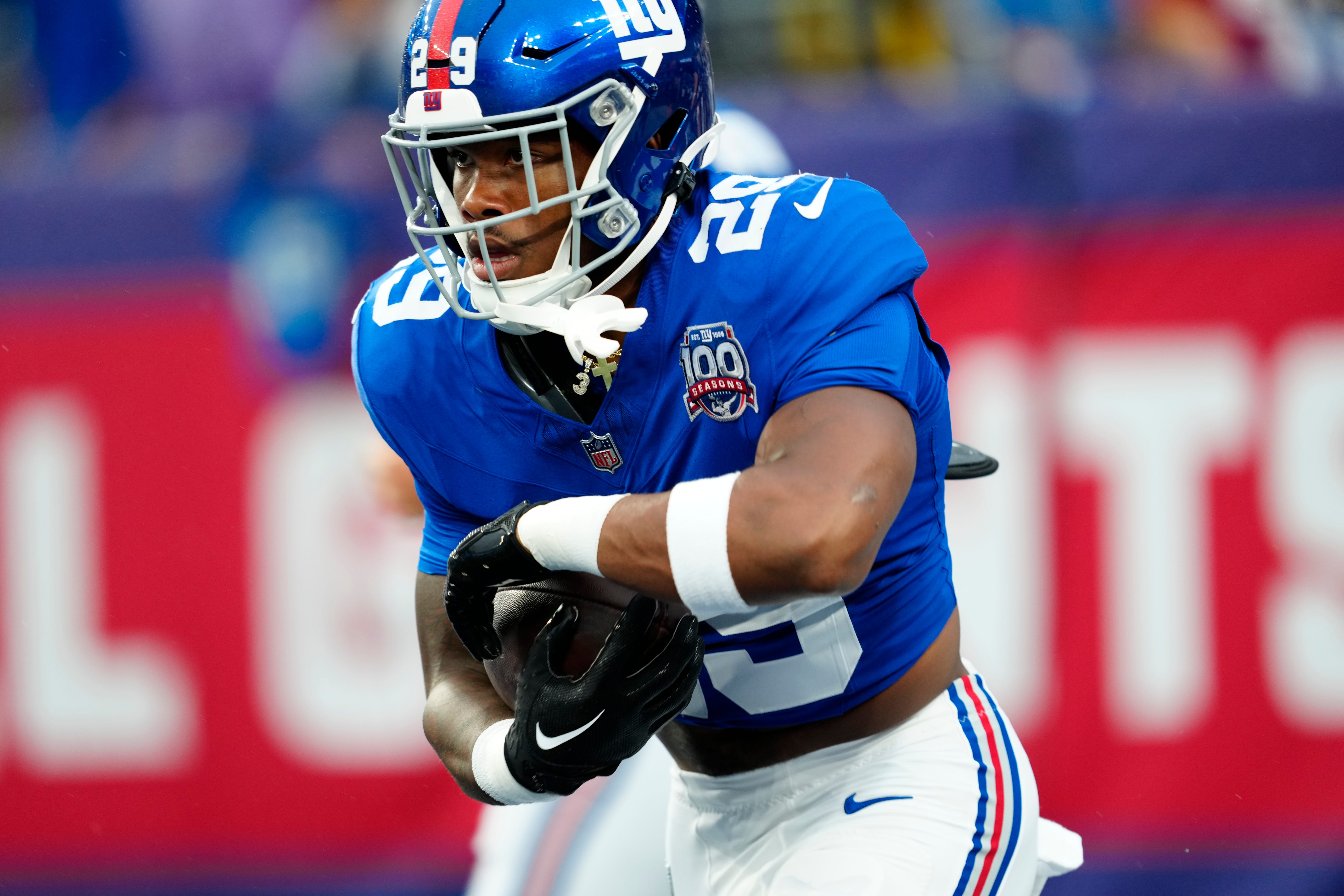 New York Giants running back Tyrone Tracy Jr. (29) is shown just before the first preseason game of the season, Thursday, August 8 2024, in East Rutherford.