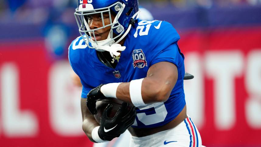 New York Giants running back Tyrone Tracy Jr. (29) is shown just before the first preseason game of the season, Thursday, August 8 2024, in East Rutherford.