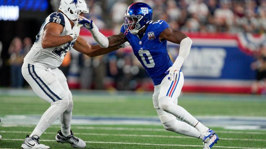 Sep 26, 2024; East Rutherford, NJ, US; New York Giants linebacker Brian Burns (0) rushes Dallas Cowboys offensive tackle Terence Steele (78) off the line of scrimmage at MetLife Stadium. Mandatory Credit: Julian Guadalupe-NorthJersey.com