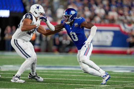 Sep 26, 2024; East Rutherford, NJ, US; New York Giants linebacker Brian Burns (0) rushes Dallas Cowboys offensive tackle Terence Steele (78) off the line of scrimmage at MetLife Stadium. Mandatory Credit: Julian Guadalupe-NorthJersey.com