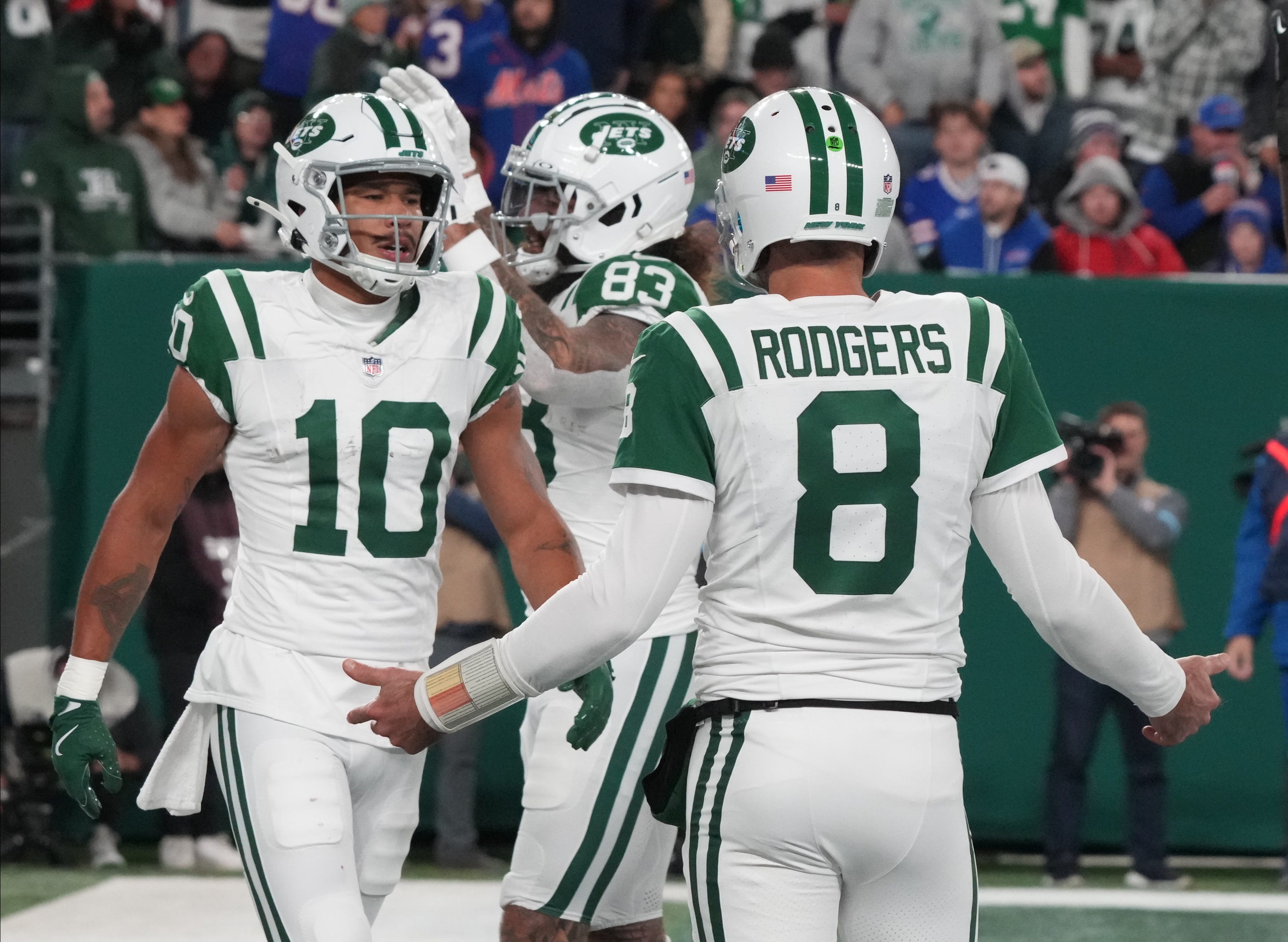 East Rutherford, NJ -- October 14, 2024 -- Allen Lazard of the Jets scored a TD in the first half on a pass from Aaron Rodgers. The Buffalo Bills came to MetLife Stadium to play the NY Jets. The Jets played their first game under new interim head coach Jeff Ulbrich.