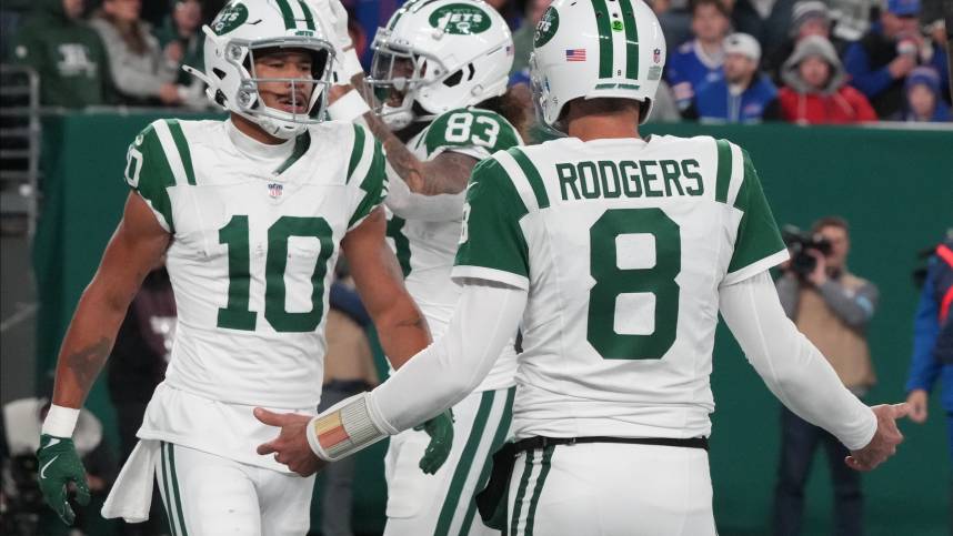 East Rutherford, NJ -- October 14, 2024 -- Allen Lazard of the Jets scored a TD in the first half on a pass from Aaron Rodgers. The Buffalo Bills came to MetLife Stadium to play the NY Jets. The Jets played their first game under new interim head coach Jeff Ulbrich.