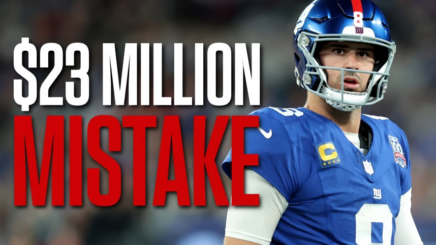 Oct 13, 2024; East Rutherford, New Jersey, USA; New York Giants quarterback Daniel Jones (8) reacts during the third quarter against the Cincinnati Bengals at MetLife Stadium. Mandatory Credit: Brad Penner-Imagn Images