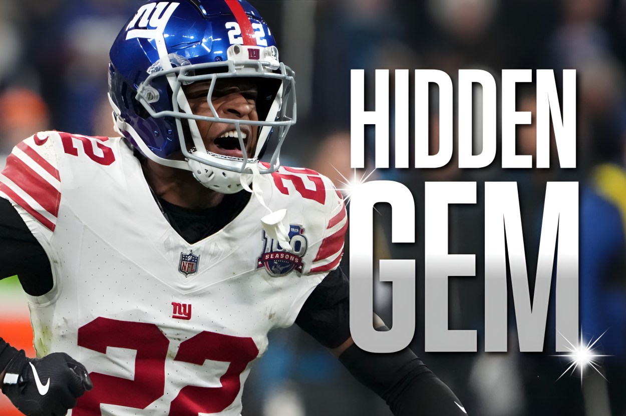 Nov 10, 2024; Munich, Germany; New York Giants cornerback Dru Phillips (22) reacts against the Carolina Panthers in the second half during the 2024 NFL Munich Game at Allianz Arena. Mandatory Credit: Kirby Lee-Imagn Images