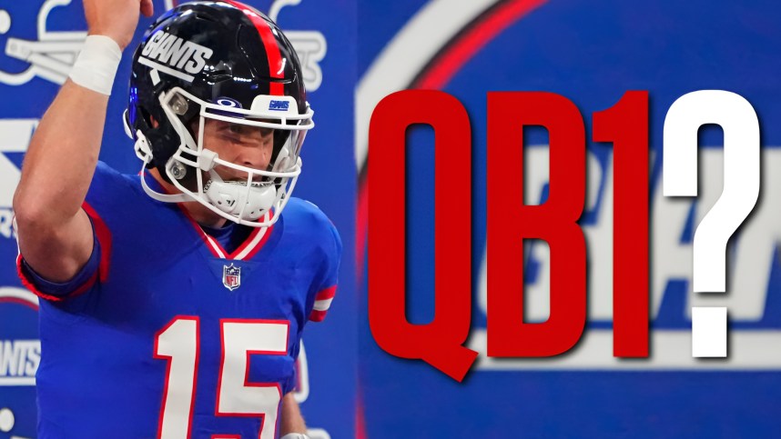 Dec 11, 2023; East Rutherford, New Jersey, USA; New York Giants quarterback Tommy DeVito (15) reacts before the game against the Green Bay Packers at MetLife Stadium. Mandatory Credit: Robert Deutsch-Imagn Images