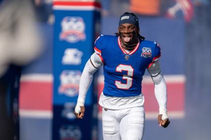 New York Giants cornerback Deonte Banks (3) runs out of the tunnel prior to the start of the game between the New York Giants and the Washington Commanders at MetLife Stadium in East Rutherford on Sunday, Nov. 3, 2024.