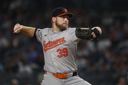 Sep 26, 2024; Bronx, New York, USA; Baltimore Orioles starting pitcher Corbin Burnes (39) delivers a pitch during the first inning against the New York Yankees at Yankee Stadium. Mandatory Credit: Vincent Carchietta-Imagn Images