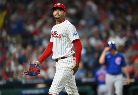 Sep 24, 2024; Philadelphia, Pennsylvania, USA; Philadelphia Phillies relief pitcher Taijuan Walker (99) looks on after pitching against the Chicago Cubs in the second inning at Citizens Bank Park. Mandatory Credit: Kyle Ross-Imagn Images