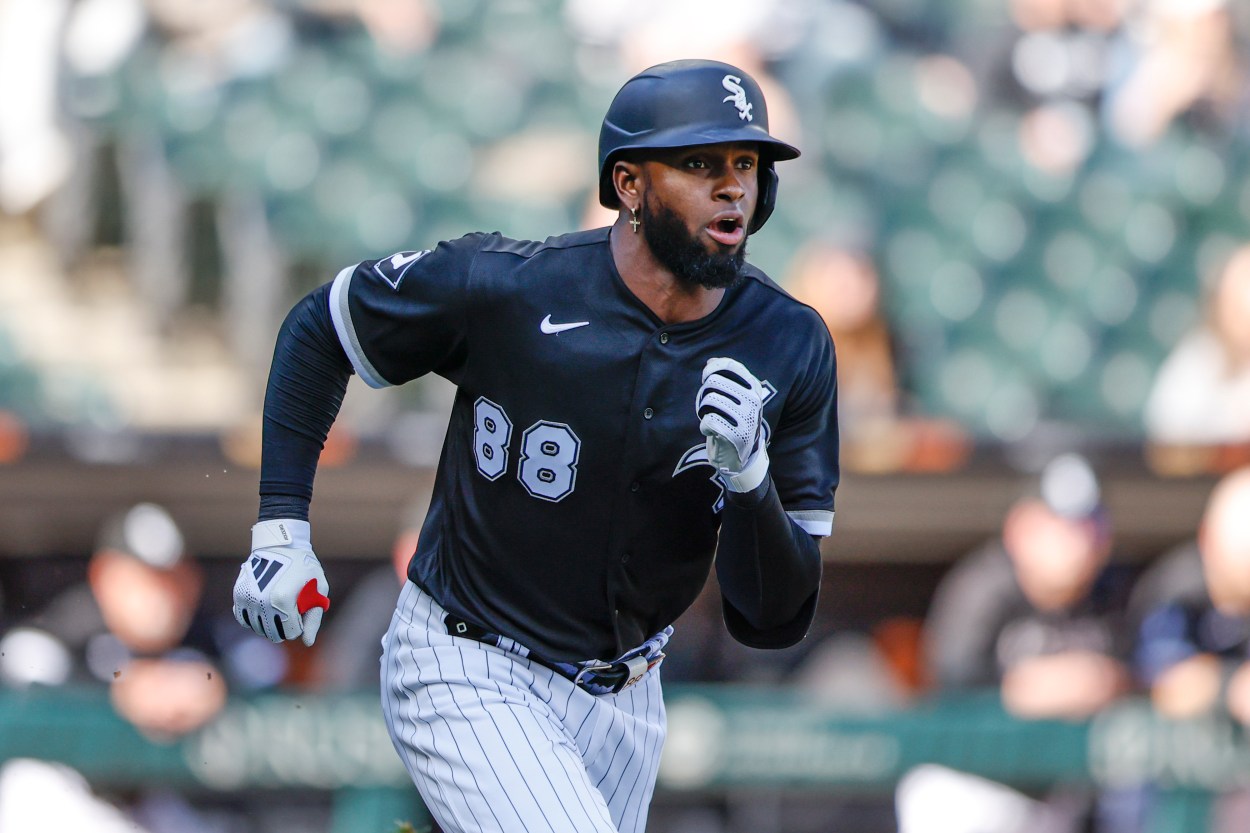 Apr 18, 2023; Chicago, Illinois, USA; Chicago White Sox center fielder Luis Robert Jr. (88) runs to second base after hitting a two-run double against the Philadelphia Phillies during the third inning of game one of the doubleheader at Guaranteed Rate Field. Mandatory Credit: Kamil Krzaczynski-Imagn Images