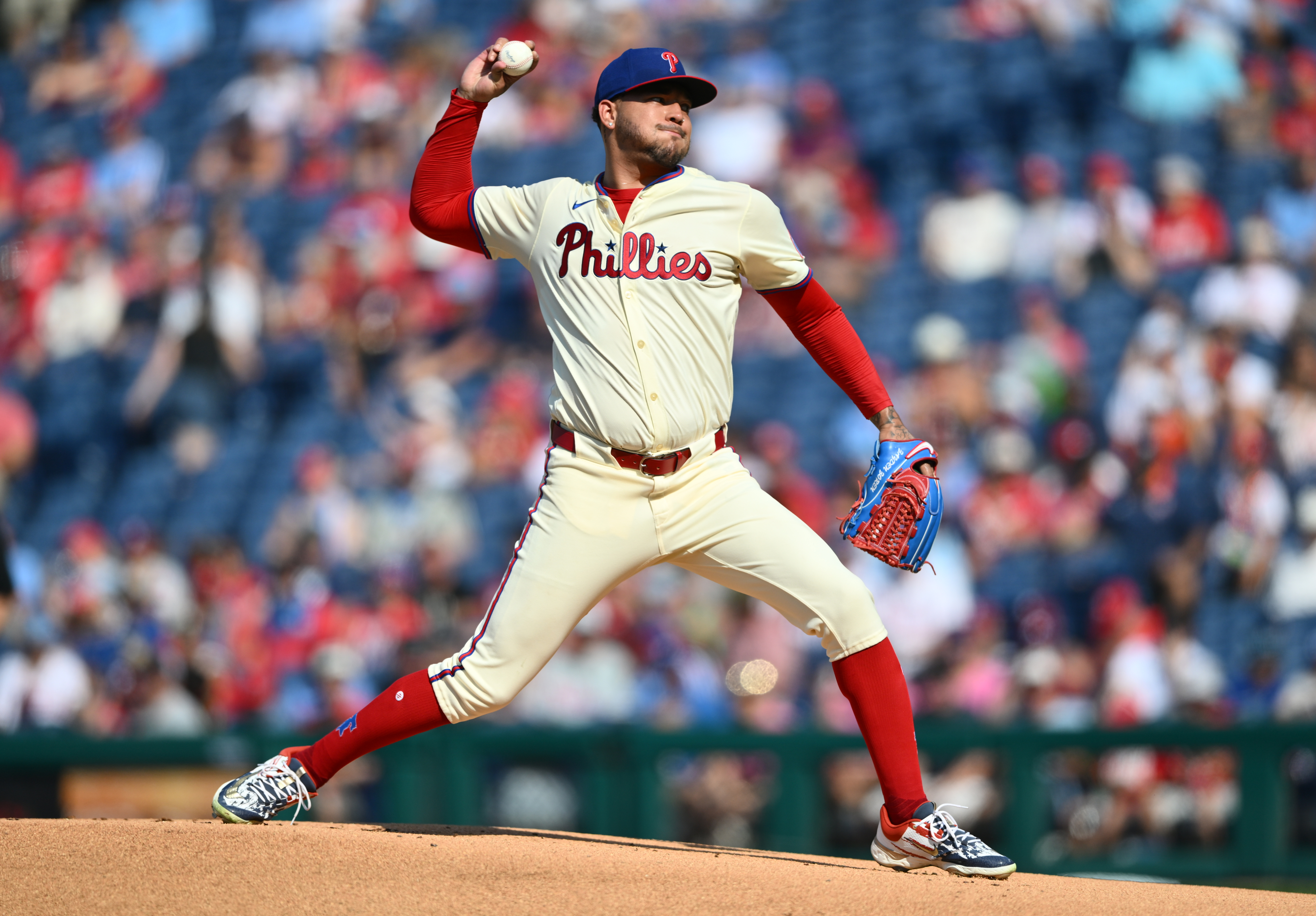 Aug 28, 2024; Philadelphia, Pennsylvania, USA; Philadelphia Phillies starting pitcher Taijuan Walker (99) throws a pitch against the Houston Astros in the first inning at Citizens Bank Park. Mandatory Credit: Kyle Ross-Imagn Images