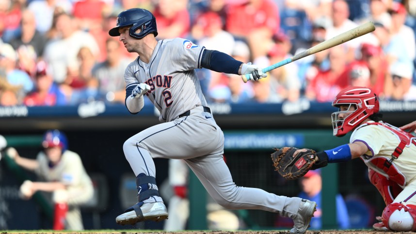 Aug 28, 2024; Philadelphia, Pennsylvania, USA; Houston Astros infielder Alex Bregman (2) hits a single against the Philadelphia Phillies in the third inning at Citizens Bank Park. Mandatory Credit: Kyle Ross-Imagn Images