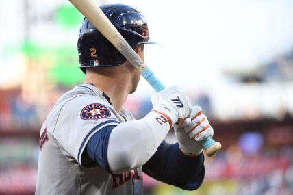 Aug 26, 2024; Philadelphia, Pennsylvania, USA; Houston Astros third base Alex Bregman (2) on deck against the Philadelphia Phillies at Citizens Bank Park. Mandatory Credit: Eric Hartline-Imagn Images