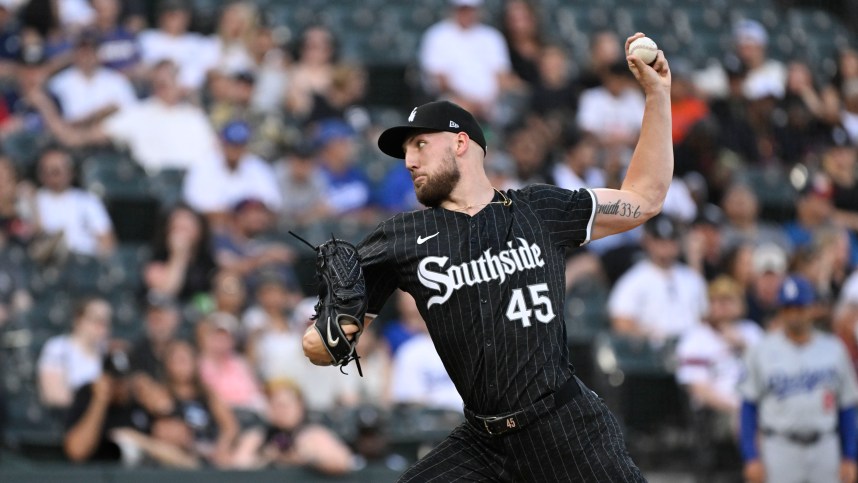 Jun 24, 2024; Chicago, Illinois, USA;  Chicago White Sox pitcher Garrett Crochet (45) delivers against the Los Angeles Dodgers during the first inning at Guaranteed Rate Field. Mandatory Credit: Matt Marton-Imagn Images