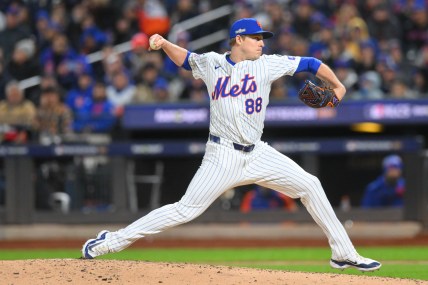 Oct 17, 2024; New York City, New York, USA; New York Mets pitcher Phil Maton (88) throws a pitch against the Los Angeles Dodgers in the sixth inning during game four of the NLCS for the 2024 MLB playoffs at Citi Field. Mandatory Credit: John Jones-Imagn Images