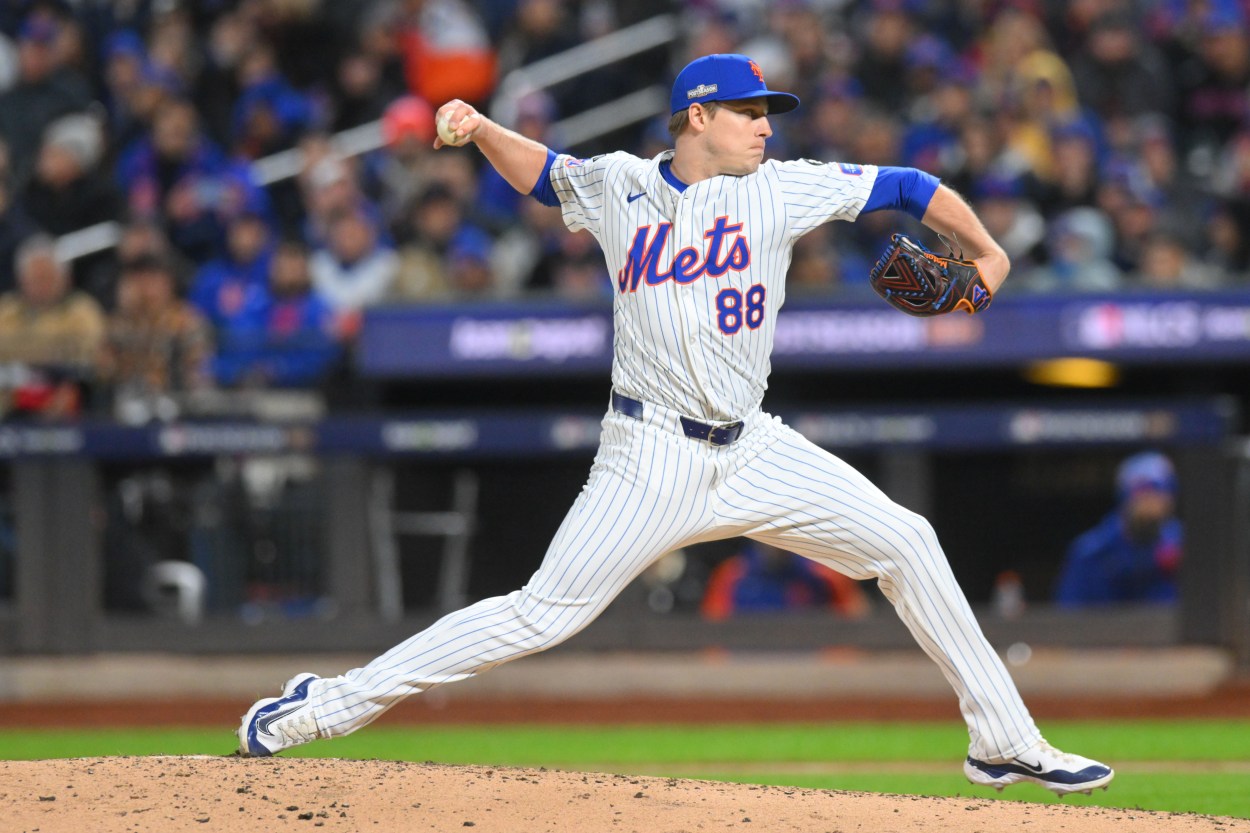 Oct 17, 2024; New York City, New York, USA; New York Mets pitcher Phil Maton (88) throws a pitch against the Los Angeles Dodgers in the sixth inning during game four of the NLCS for the 2024 MLB playoffs at Citi Field. Mandatory Credit: John Jones-Imagn Images