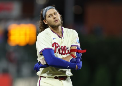 Oct 5, 2024; Philadelphia, PA, USA; Philadelphia Phillies third baseman Alec Bohm (28) reacts after the final out in the eighth inning against the New York Mets in game one of the NLDS for the 2024 MLB Playoffs at Citizens Bank Park. Mandatory Credit: Bill Streicher-Imagn Images