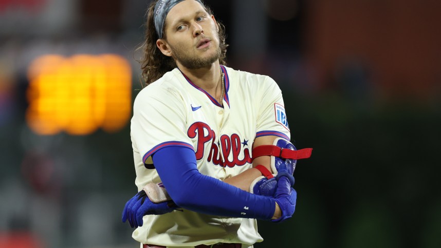 Oct 5, 2024; Philadelphia, PA, USA; Philadelphia Phillies third baseman Alec Bohm (28) reacts after the final out in the eighth inning against the New York Mets in game one of the NLDS for the 2024 MLB Playoffs at Citizens Bank Park. Mandatory Credit: Bill Streicher-Imagn Images