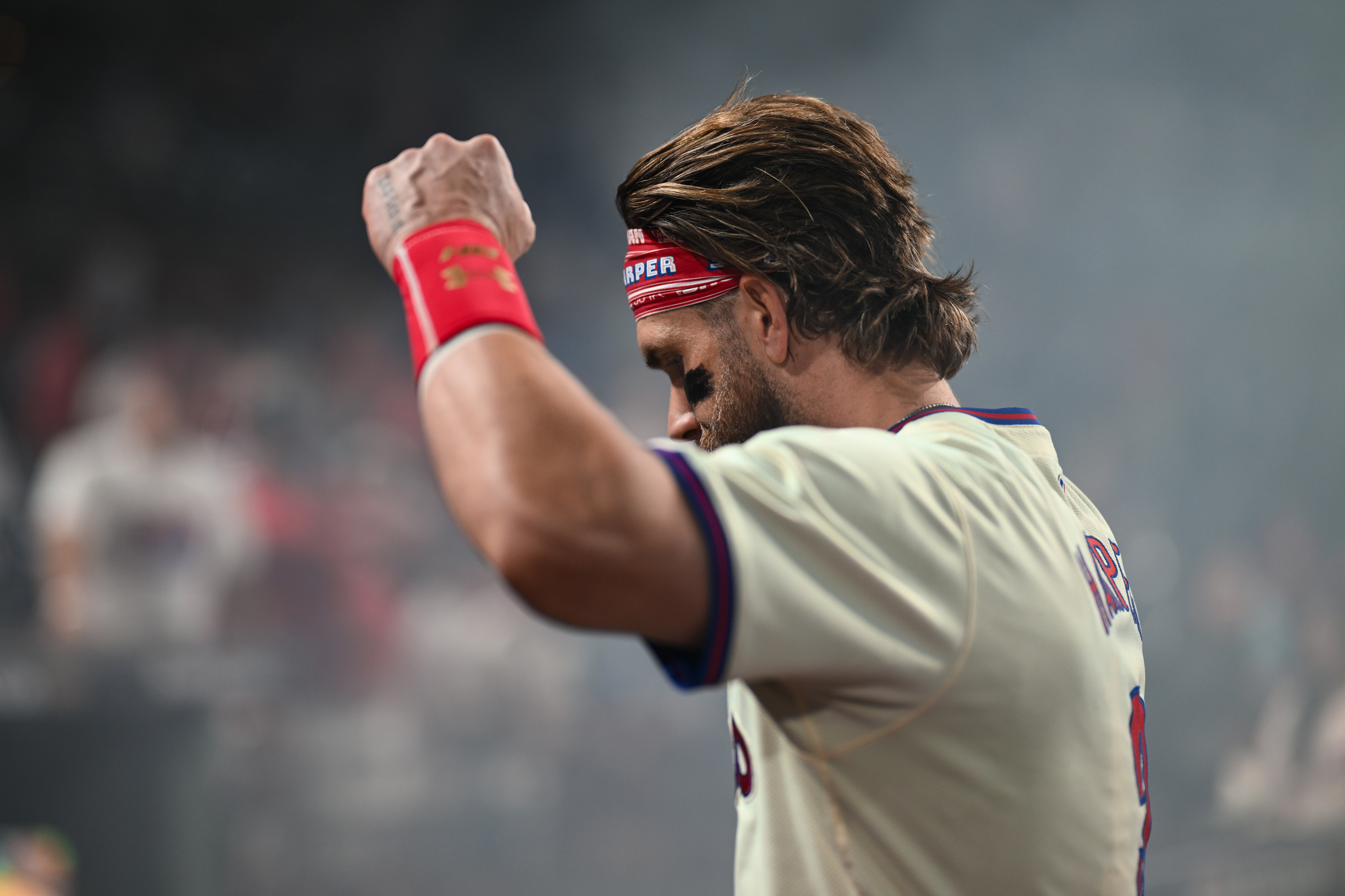 Oct 6, 2024; Philadelphia, Pennsylvania, USA; Philadelphia Phillies first baseman Bryce Harper (3) reacts after game two of the NLDS against the New York Mets for the 2024 MLB Playoffs at Citizens Bank Park. Mandatory Credit: Kyle Ross-Imagn Images