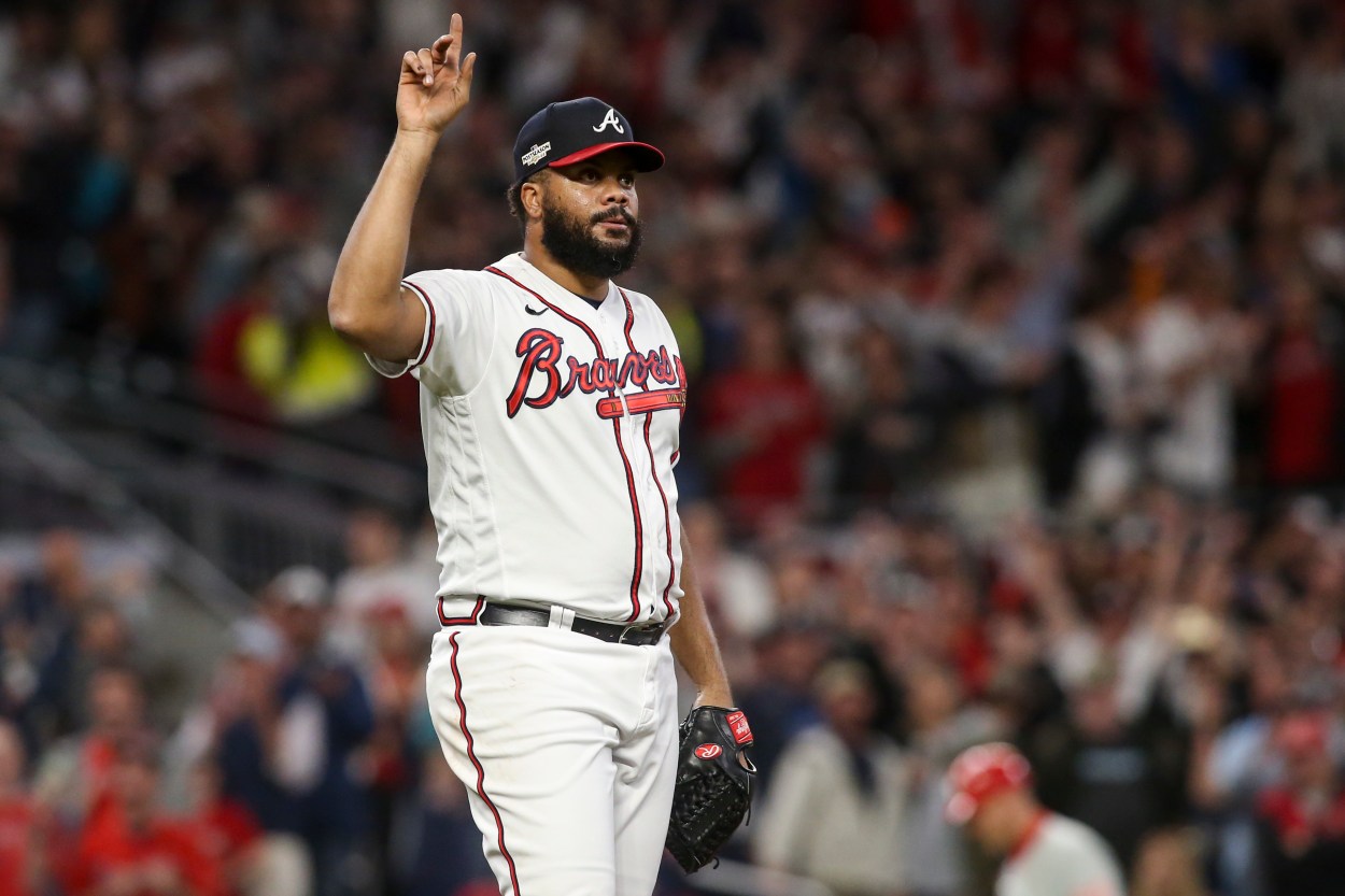 Oct 12, 2022; Atlanta, Georgia, USA; Atlanta Braves relief pitcher Kenley Jansen (74) points skyward on a ball hit for the final out against the Philadelphia Phillies in the ninth inning during game two of the NLDS for the 2022 MLB Playoffs at Truist Park. Mandatory Credit: Brett Davis-Imagn Images