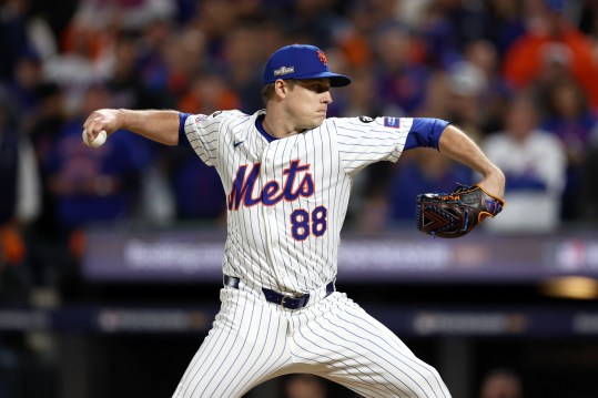 Oct 8, 2024; New York City, New York, USA; New York Mets pitcher Phil Maton (88) pitches against the Philadelphia Phillies in the eighth inning during game three of the NLDS for the 2024 MLB Playoffs at Citi Field. Mandatory Credit: Vincent Carchietta-Imagn Images