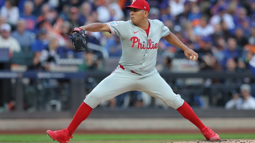 Oct 9, 2024; New York, New York, USA;  Philadelphia Phillies pitcher Ranger Suarez (55) throws a pitch against the New York Mets in the first inning in game four of the NLDS for the 2024 MLB Playoffs at Citi Field. Mandatory Credit: Brad Penner-Imagn Images