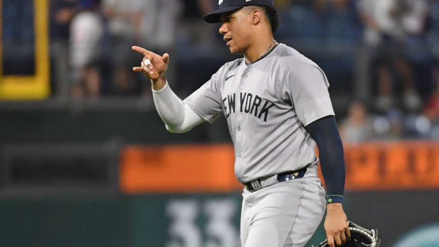 Jul 29, 2024; Philadelphia, Pennsylvania, USA; New York Yankees outfielder Juan Soto (22) celebrates win against the Philadelphia Phillies at Citizens Bank Park. Mandatory Credit: Eric Hartline-Imagn Images