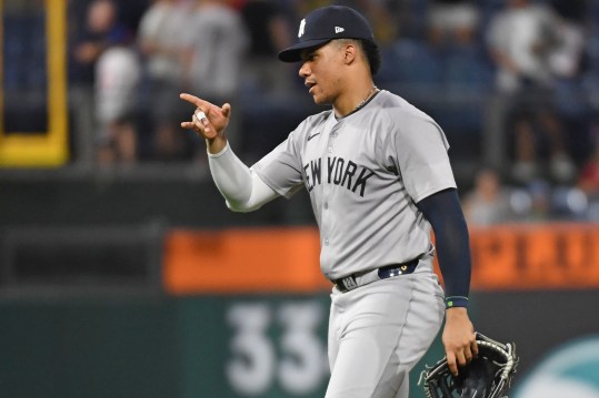 Jul 29, 2024; Philadelphia, Pennsylvania, USA; New York Yankees outfielder Juan Soto (22) celebrates win against the Philadelphia Phillies at Citizens Bank Park. Mandatory Credit: Eric Hartline-Imagn Images