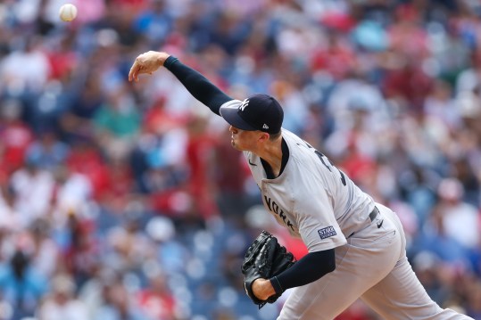 Jul 31, 2024; Philadelphia, Pennsylvania, USA;  New York Yankees pitcher Clay Holmes (35) throws a pitch during the ninth inning against the Philadelphia Phillies at Citizens Bank Park. Mandatory Credit: Bill Streicher-Imagn Images