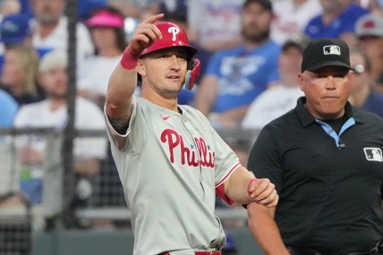 Aug 23, 2024; Kansas City, Missouri, USA; Philadelphia Phillies left fielder Austin Hays (9) celebrates after hitting a single against the Kansas City Royals in the third inning at Kauffman Stadium. Mandatory Credit: Denny Medley-Imagn Images