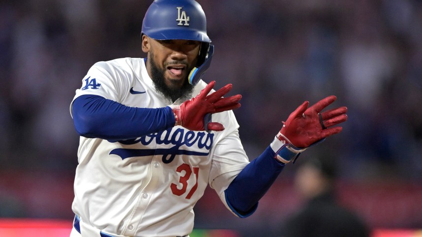 Aug 5, 2024; Los Angeles, California, USA;   Los Angeles Dodgers left fielder Teoscar Hernandez (37) celebrates as he rounds the bases after hitting a two-run home run in the third inning against the Philadelphia Phillies at Dodger Stadium. Mandatory Credit: Jayne Kamin-Oncea-Imagn Images