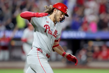 Sep 20, 2024; New York City, New York, USA; Philadelphia Phillies third baseman Alec Bohm (28) rounds the bases after hitting a three run home run against the New York Mets during the fourth inning at Citi Field. Mandatory Credit: Brad Penner-Imagn Images