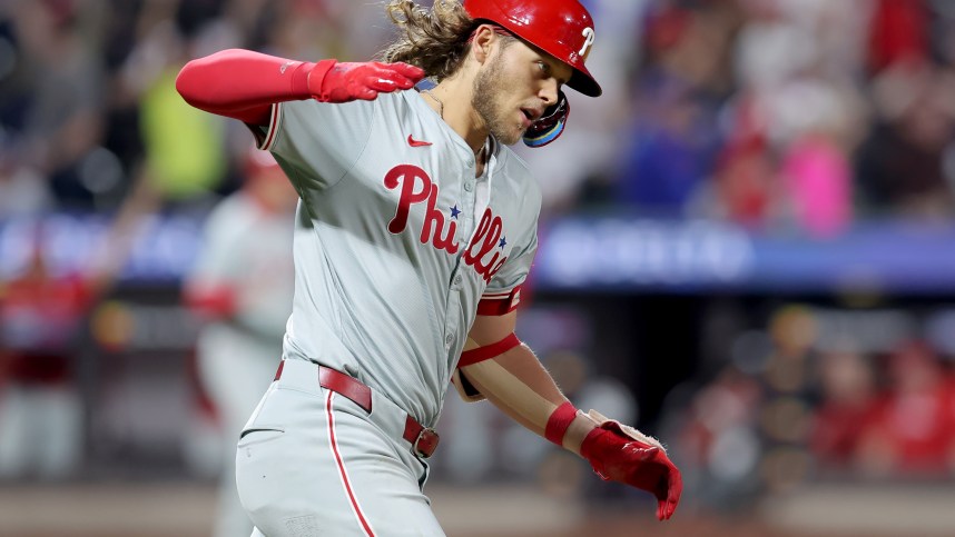 Sep 20, 2024; New York City, New York, USA; Philadelphia Phillies third baseman Alec Bohm (28) rounds the bases after hitting a three run home run against the New York Mets during the fourth inning at Citi Field. Mandatory Credit: Brad Penner-Imagn Images