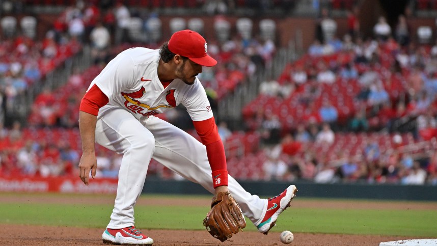 Apr 8, 2024; St. Louis, Missouri, USA;  St. Louis Cardinals third baseman Nolan Arenado (28) fields a ground ball against the Philadelphia Phillies during the fourth inning at Busch Stadium. Mandatory Credit: Jeff Curry-Imagn Images