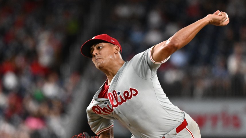 Sep 27, 2024; Washington, District of Columbia, USA;  Philadelphia Phillies pitcher Ranger Suarez (55) delivers a pitch second inning against the Washington Nationals at Nationals Park. Mandatory Credit: James A. Pittman-Imagn Images