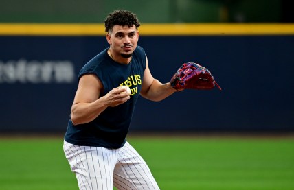 Oct 2, 2024; Milwaukee, Wisconsin, USA; Milwaukee Brewers shortstop Willy Adames (27) warms up before game two of the Wildcard round for the 2024 MLB Playoffs against the New York Mets at American Family Field. Mandatory Credit: Benny Sieu-Imagn Images