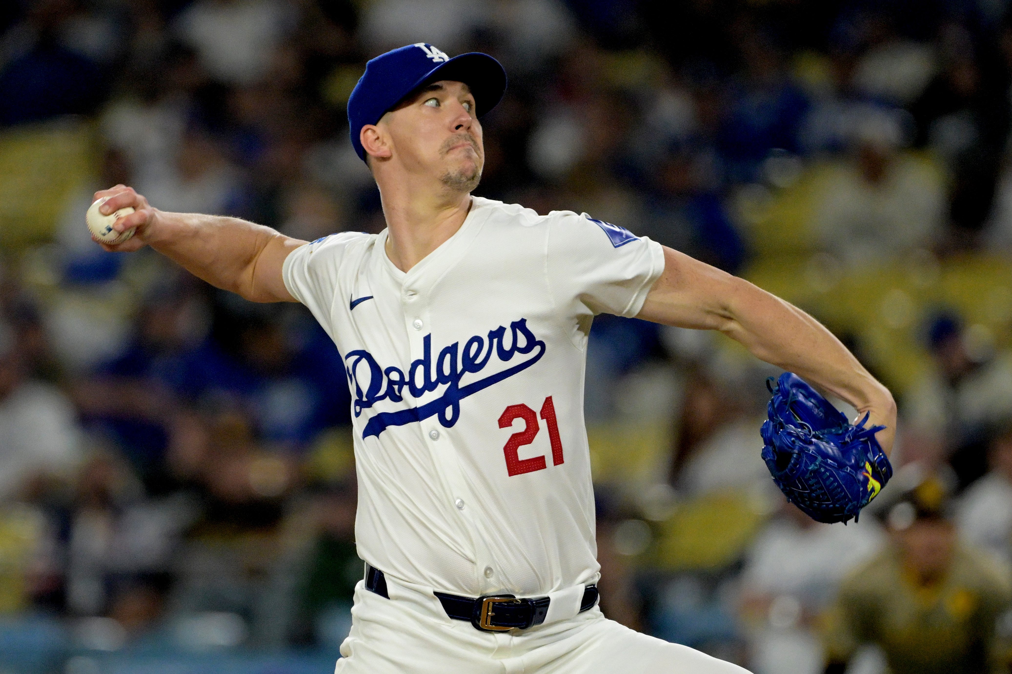 Sep 26, 2024; Los Angeles, California, USA;  Los Angeles Dodgers starting pitcher Walker Buehler (21) delivers to the plate in the first inning against the San Diego Padres at Dodger Stadium. Mandatory Credit: Jayne Kamin-Oncea-Imagn Images