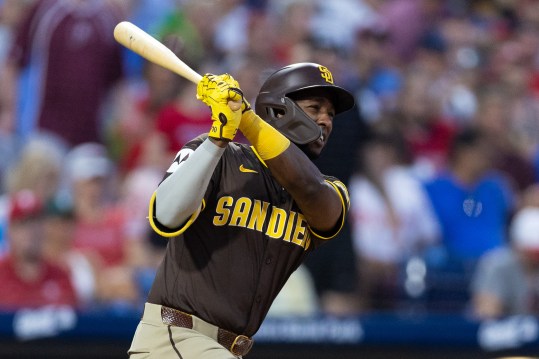 Jun 18, 2024; Philadelphia, Pennsylvania, USA; San Diego Padres outfielder Jurickson Profar (10) hits an RBI single during the sixth inning against the Philadelphia Phillies at Citizens Bank Park. Mandatory Credit: Bill Streicher-Imagn Images