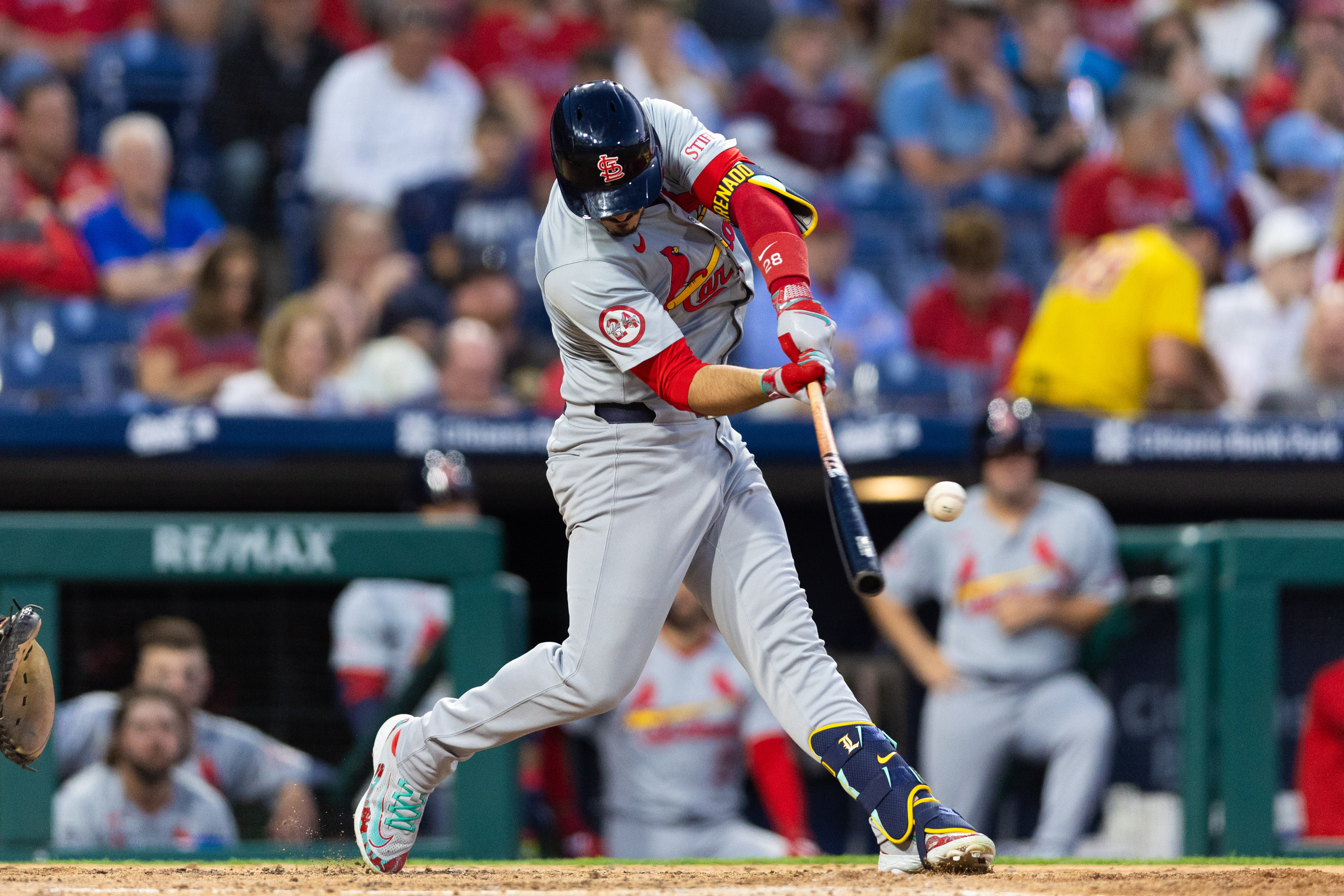 May 31, 2024; Philadelphia, Pennsylvania, USA; St. Louis Cardinals third base Nolan Arenado (28) hits a home run during the seventh inning against the Philadelphia Phillies at Citizens Bank Park. Mandatory Credit: Bill Streicher-Imagn Images