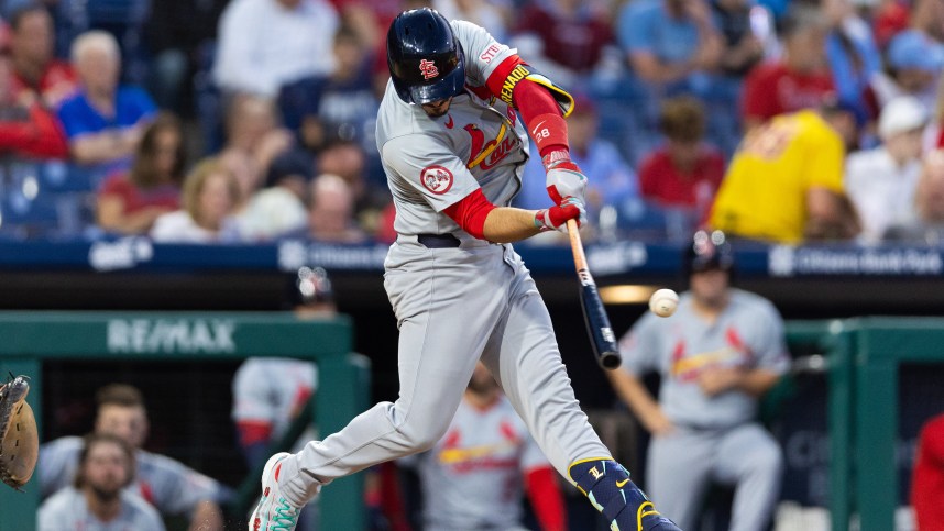 May 31, 2024; Philadelphia, Pennsylvania, USA; St. Louis Cardinals third base Nolan Arenado (28) hits a home run during the seventh inning against the Philadelphia Phillies at Citizens Bank Park. Mandatory Credit: Bill Streicher-Imagn Images