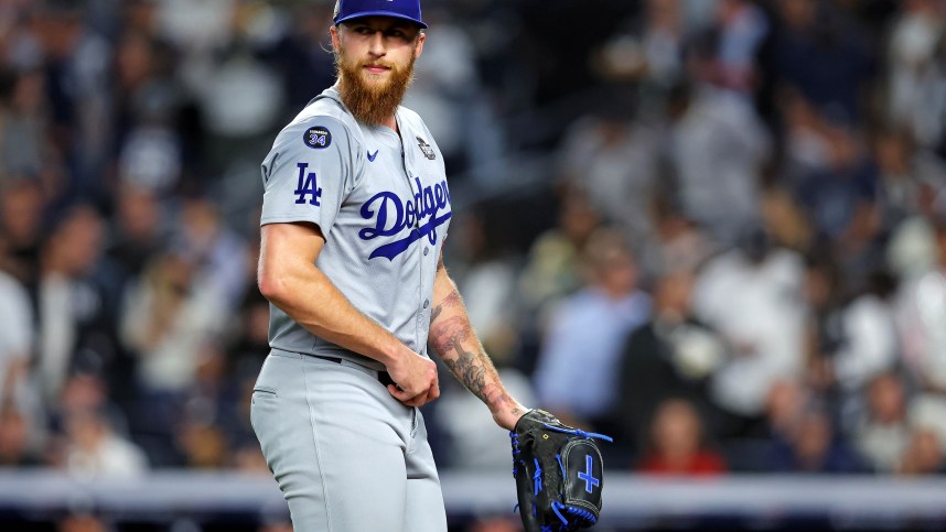 Oct 30, 2024; New York, New York, USA; Los Angeles Dodgers pitcher Michael Kopech (45) reacts during the fifth inning against the New York Yankees in game four of the 2024 MLB World Series at Yankee Stadium. Mandatory Credit: Brad Penner-Imagn Images