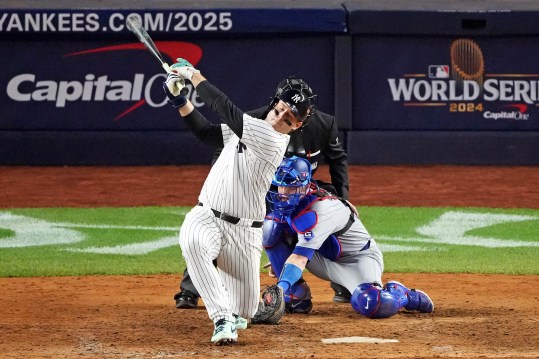 Oct 30, 2024; New York, New York, USA; New York Yankees first baseman Anthony Rizzo (48) strikes out to end the eighth inning against the Los Angeles Dodgers in game four of the 2024 MLB World Series at Yankee Stadium. Mandatory Credit: Robert Deutsch-Imagn Images