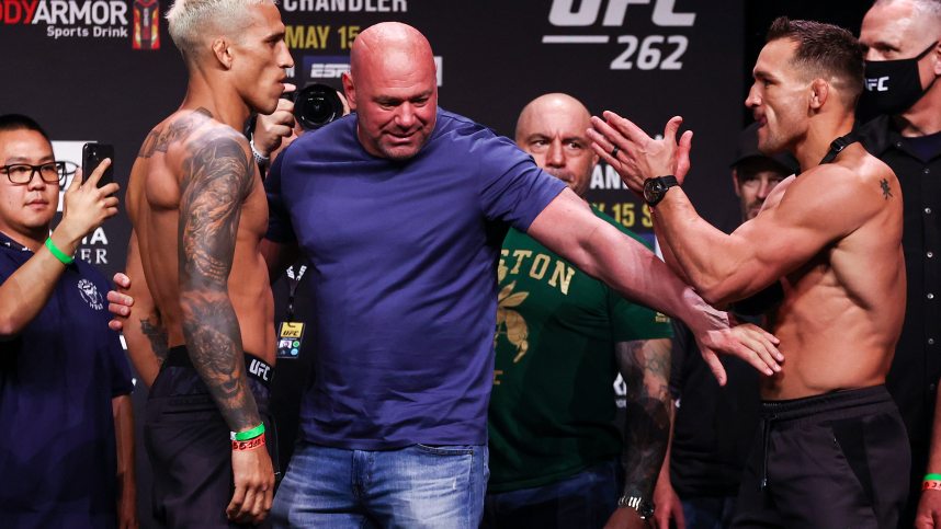 May 14, 2021; Houston, Texas, USA; Charles Oliveira and Dana White and Michael Chandler during weigh ins for UFC 262 at George R Brown Convention Center. Mandatory Credit: Troy Taormina-Imagn Images