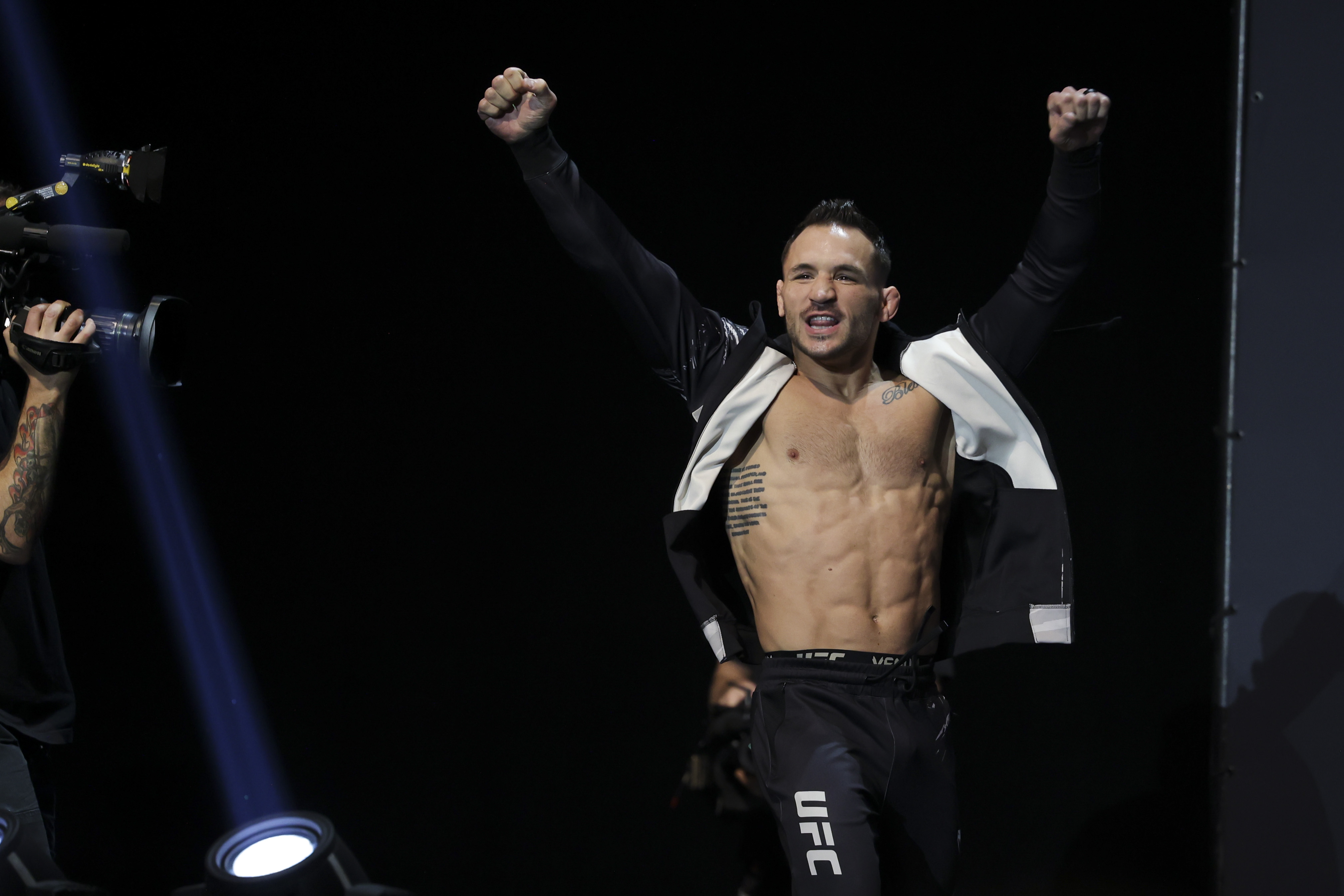 Nov 11, 2022; New York, NY, USA; Michael Chandler gestures during weigh-ins for UFC 281. Mandatory Credit: Jessica Alcheh-Imagn Images